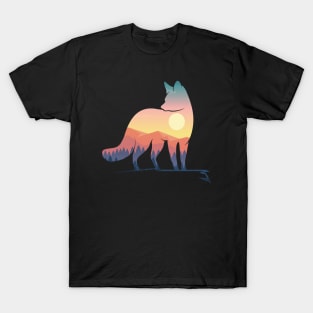 Fox silhouette with nature landscape art T-Shirt